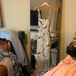 Banana Republic Beige Maxi Dress with Green Leaf Print